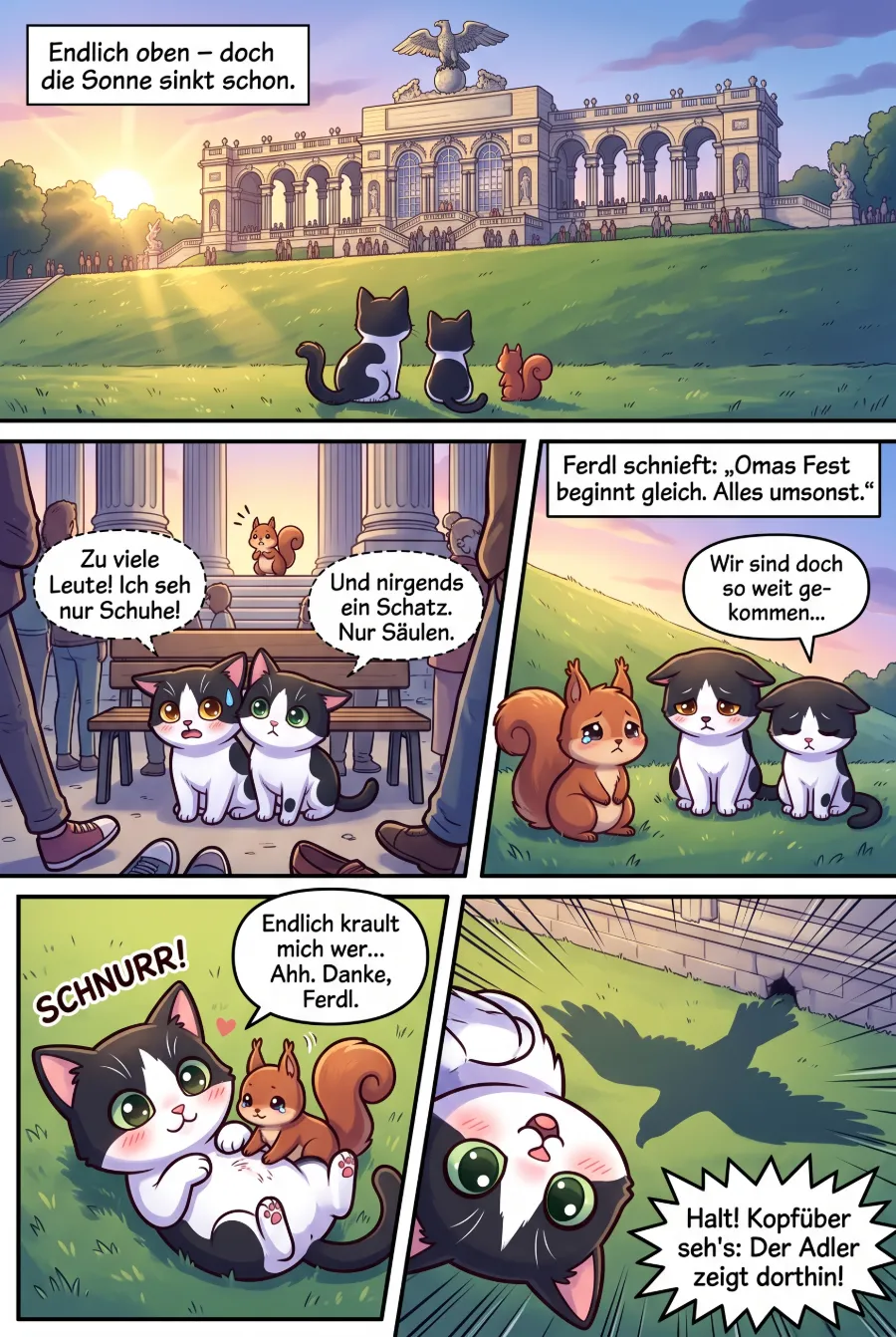Comicpanel: Puck wird vom Eichhörnchen gekrault